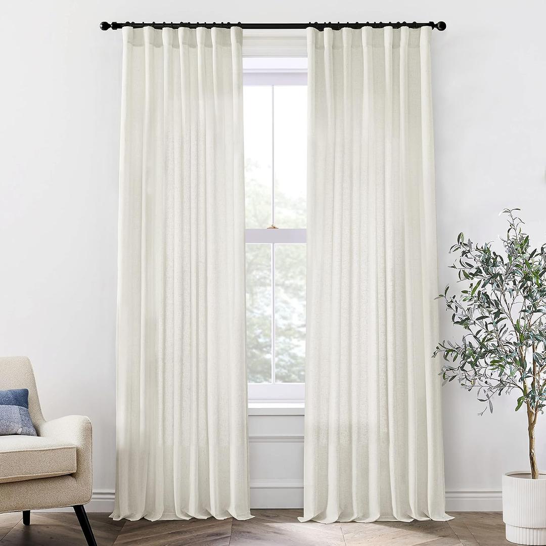XTMYI Linen Curtains 96 Inch Long 2 Panel Set, Cream Sheer Pleated Curtain for Living Room, Modern Farmhouse Curtains for Dining Room Bedroom, Ivory Colored