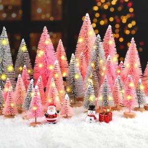 DomeStar 35PCS Mini Christmas Tree, Miniature Christmas Table Decorations 6 Sizes Small Sisal Snow Frost Bottle Brush Trees with Wooden Base for Party Home Crafts Decoration (Pink/Silver)