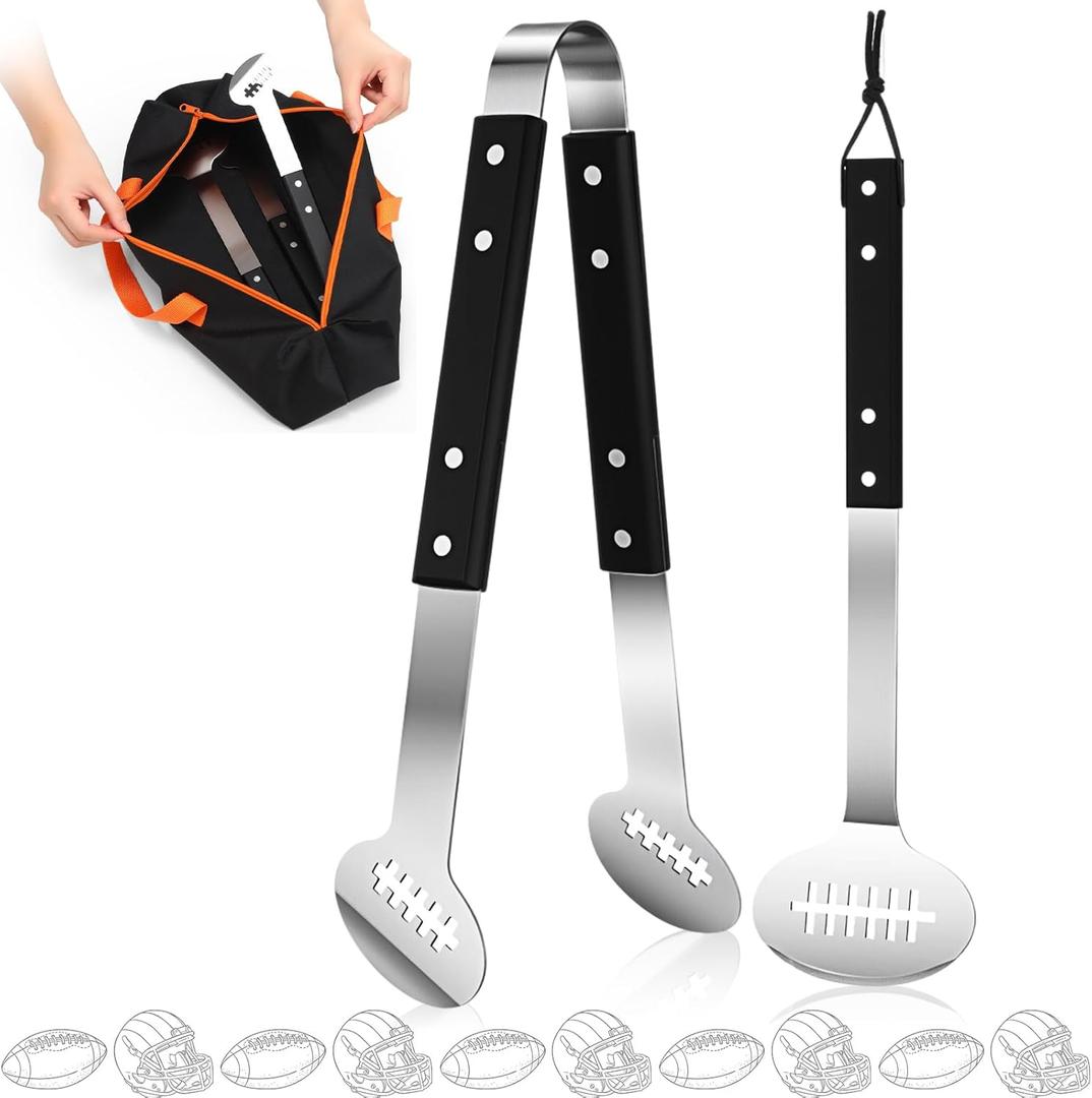 2 x Baderke 3 Pcs Christmas Football Grilling Gifts Set for Men Dad Grill BBQ Accessories Large Heavy Duty Stainless Steel Grill Utensil Spatula Tong with Bag for Football Lover Birthday Gift