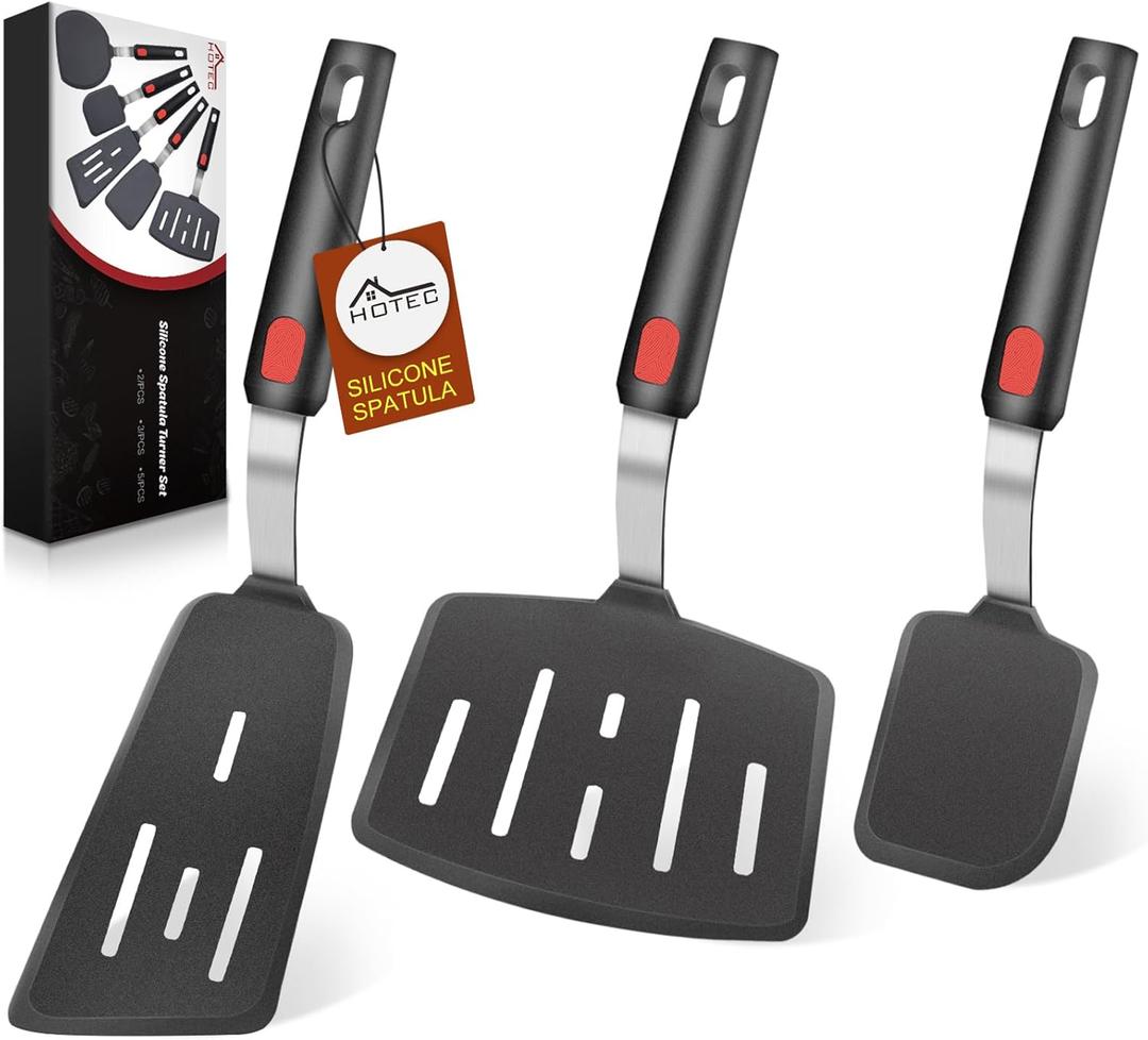 Hotec Silicone Turner for Nonstick Cookware, Heat Resistant Large Flexible Rubber Spatula Set of 3, Kitchen Utensils for Flipping Eggs, Burgers, Pancakes, Crepes (Black)