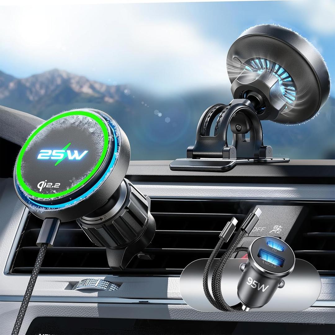 LISEN for Qi2.2 25W MagSafe Car Mount Charger[Top Spec with Cooling Fan95W Custom Adapter] iPhone 17 Pro Max Car Charger Fast Charging for iPhone 17 Pro Max Plus Air 16-12 Series,Pixel 10 Pro XL
