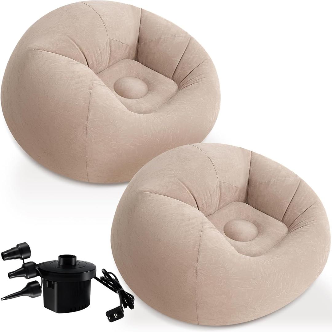 2 Pack Inflatable Bean Bag Chairs with Electric Air Pump Inflatable Chairs Blow up Couch Folding Portable Inflatable Lazy Sofa for Movie Night Living Room Outdoor Camping (2, Coffee)