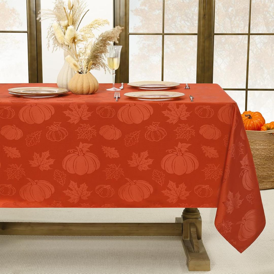 Softalker Fall Jacquard Tablecloth - Thanksgiving Maple Pumpkin Rectangle Table Cover, Autumn Harvest Waterproof Table Cloths Decor for Holiday, Dining, Party - Burnt Orange 60 x 120 Inch