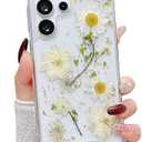 Lewrtser Compatible with Samsung Galaxy S25 Ultra Case Cute Pressed Dried Real Flowers Design Women Girly Shockproof Glitter Floral Clear Phone Cover for Galaxy S25 Ultra (White Flower)