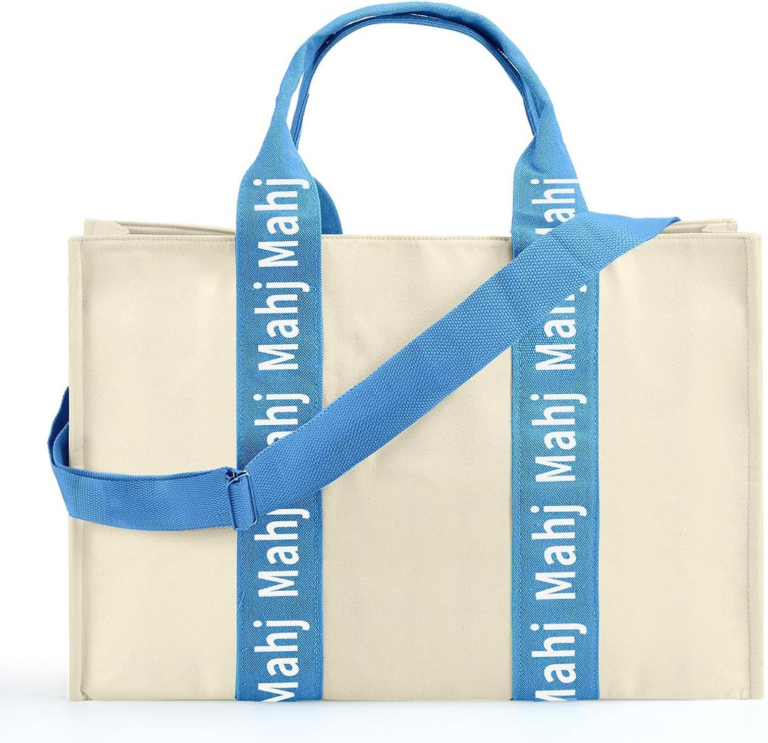 Empty Mahjong Bag for Tiles 22x15x6 Inches Thickened Canvas Mahjong Carrying Tote Bag with Lining and Thicker Handle for Enthusiasts Women or Men Party Supplies, Case Only(White and Light Blue)