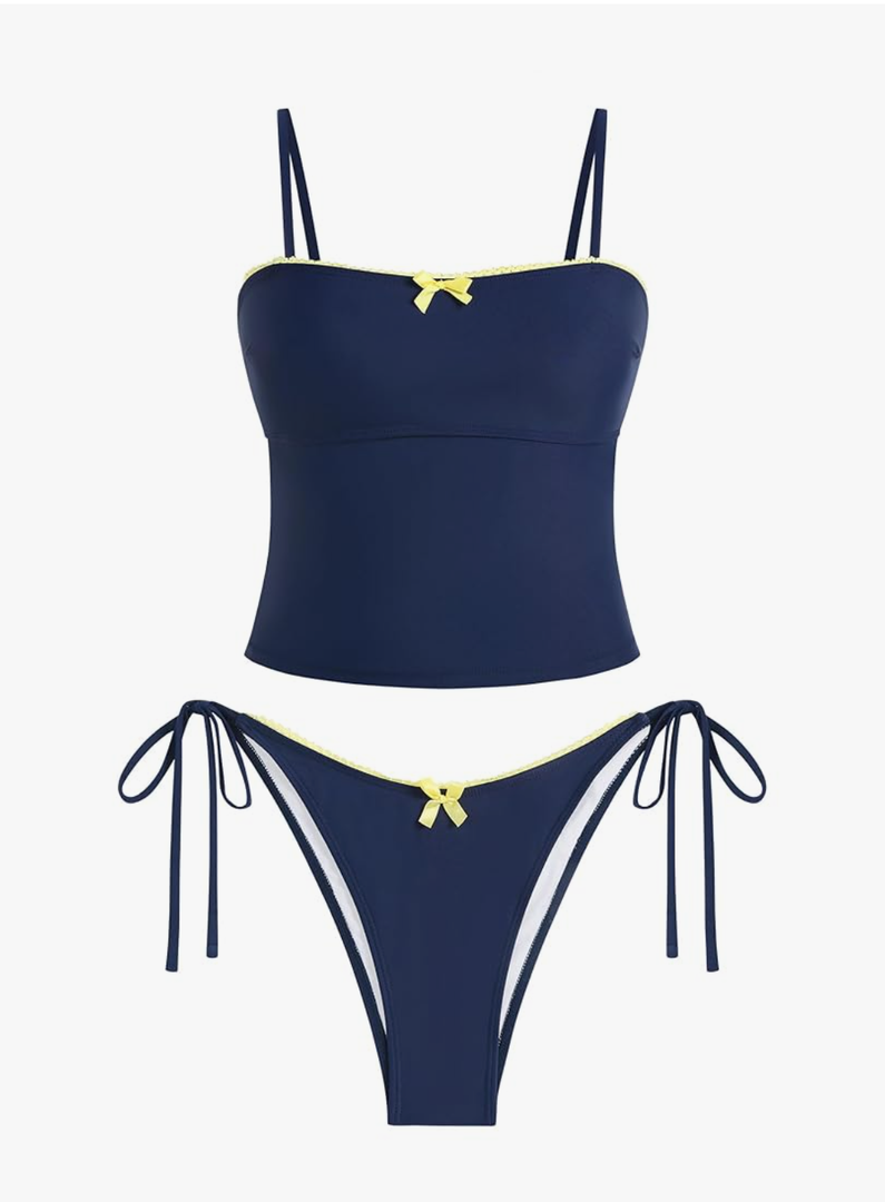 ZAFUL Tankini Swimsuits for Women Bow Tie Side Bathing Suits Tummy Control High Cut Two Piece Bikini Sets. L