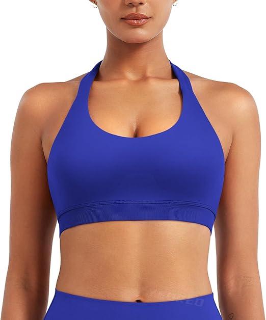 YEOREO SoftHue Women Halter Sports Bra Workout Seamless Padded Basic Bra Open Back Yoga Gym Crop Top Deep Sea S