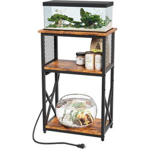 10 Gallon Fish Tank Stand with Power Outlet , 3 Tier Aquarium Stand with Shelf, Turtle/Reptile Tank Stand for Home Office ,Adjustable Boards, 20.47''L×11.42''W×30.91''H, Retro Brown
