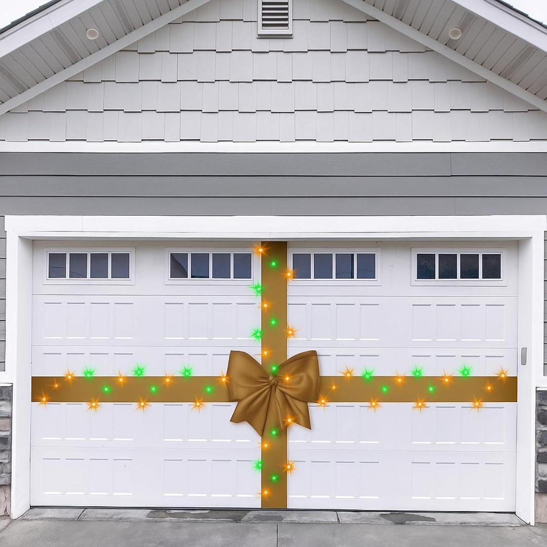 Giant Christmas Garage Door Bow Decoration with Light Large Velvet Christmas Ribbon Bow Garage Door Banner Cover for Xmas Indoor Outdoor Home Party Decoration, 26.25 x 11.81 ft(Khaki)