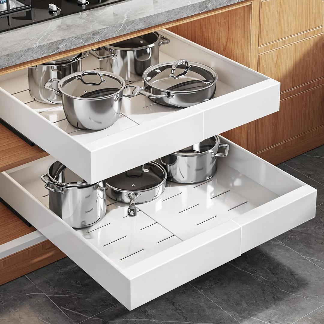 2Pack Expandable Pull Out Cabinet Organizer 21"Deep with Raising Pad for Framed Cabinets, Upgrade 3 Slide Rails Slide Out Drawers, Roll Out Shelves Adhesive,Adjustable Width 12.05"-20.4"White (21"D x 12.05"-20.4"W(2Pack), White)