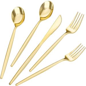 LIYH 360 Pcs Gold Plastic Silverware - Elegant Gold Silverware Disposable Utensils Set for Weddings,Parties & Events - Includes Forks,Spoons,Knives,Cutlery Tableware