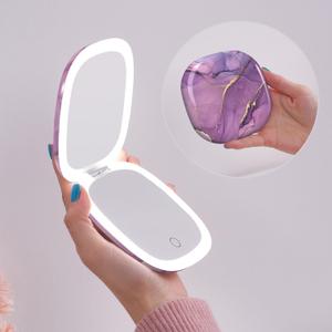 Mocado Compact LED Travel Makeup Mirror - 4 Inches 1X/ 10X Magnification Travel Mirror with Light Dimmable Double Sides Lighted USB Rechargeable Compact Mirror for Purse, Pocket, Travel(Purple Marble)