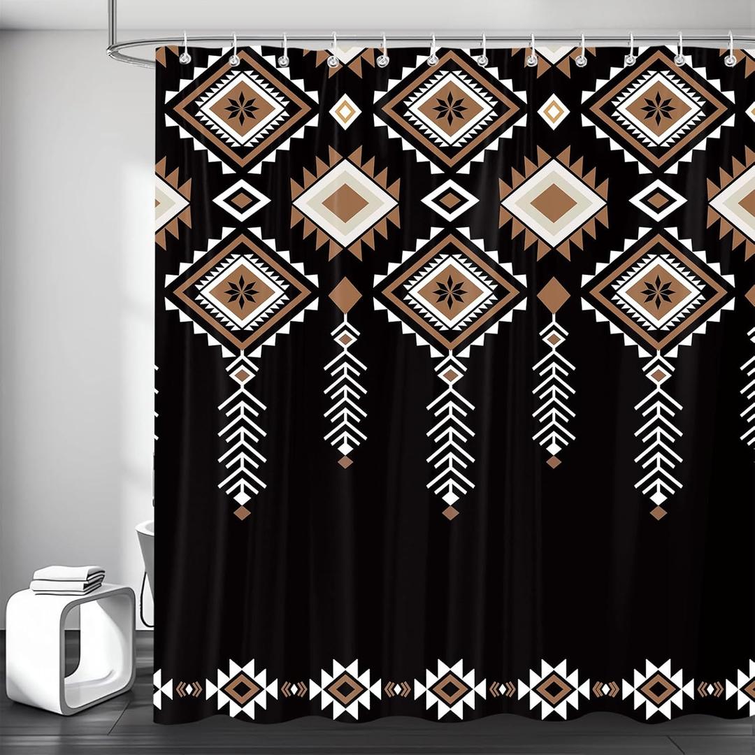 Western Aztec Shower Curtain 72X72 - Black Vintage Geometric Ethnic Tribal Waterproof Fabric Polyester Bathroom Decor, Retro Boho Southwestern Style