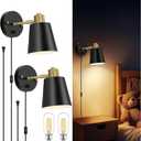 Plug in Wall Sconces Set of 2, Dimmable Wall Lights with Plug in Cord and Dimmer On/Off Knob Switch, Adjustable Angle Black Wall Mounted Lamp for Bedside Bedroom Living Room (2 Bulbs Included)