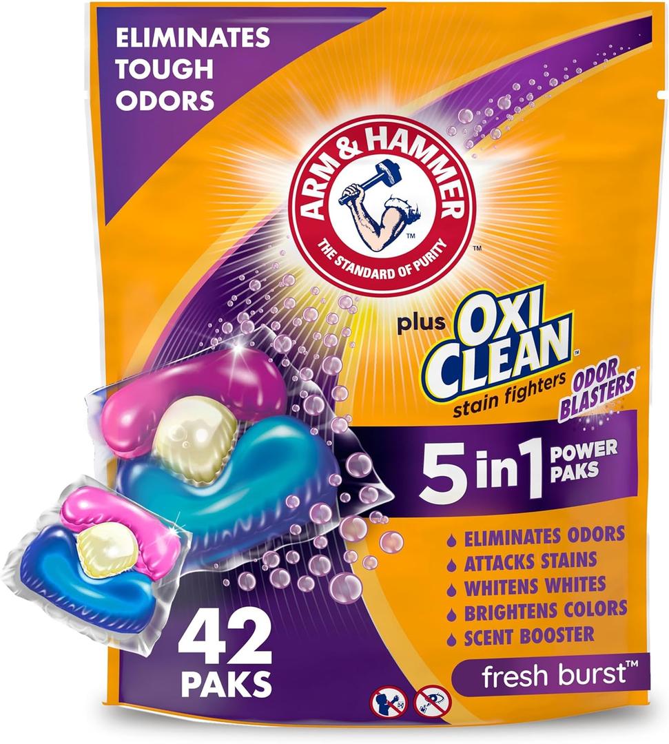 Arm & Hammer Plus OxiClean With Odor Blasters Laundry Detergent 5-IN-1 Power Paks, 42CT