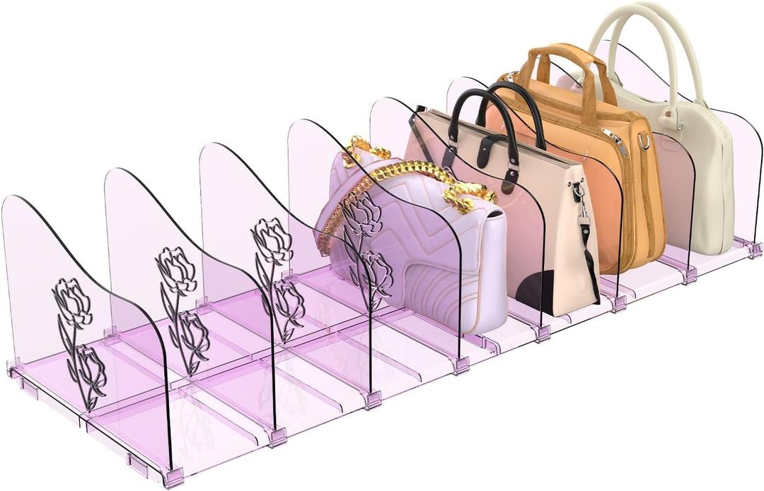 Rose Purse Dividers for Closet, 2 Pack Clear Clutch Purse Closet Organizers, Adjustable Handbag Storage Organizers, Plastic Bookshelf Separator Dividers for Bedroom Office