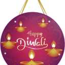 Happy Diwali Door Sign with Lights, Wooden Happy Diwali Hanging Sign, 12 Round Door Plaque for Diwali Decorations for Home Indoor Outdoor Home Wall Decorations
