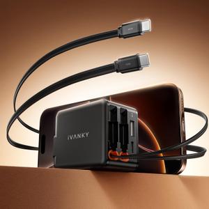 iVANKY 84W Retractable Wall Charger with Dual Cables, 4-in-1 USB C Charger Block 45W Fast Charging for iPhone 16/15 Series, iPad, Samsung, 4-Port Adapter Block for Home Office Travel
