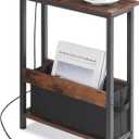 Slim Charging End Table with Storage - For Small Spaces and Bedroom (Rustic Brown)