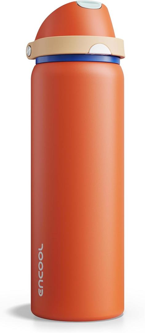 Insulated Water Bottle with Straw - Encool Stainless Steel Water Bottle with Push Button Lid, Leak-Proof & BPA-Free, Keeps Cold for 24 Hours for Sports, Travel, Gym (32 oz, Salmon)