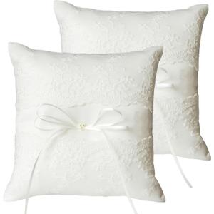 QIRMIZI 2 PC Wedding Ring Pillow - Lace Pearl Ivory Bearer Cushion for Your Perfect Wedding Party