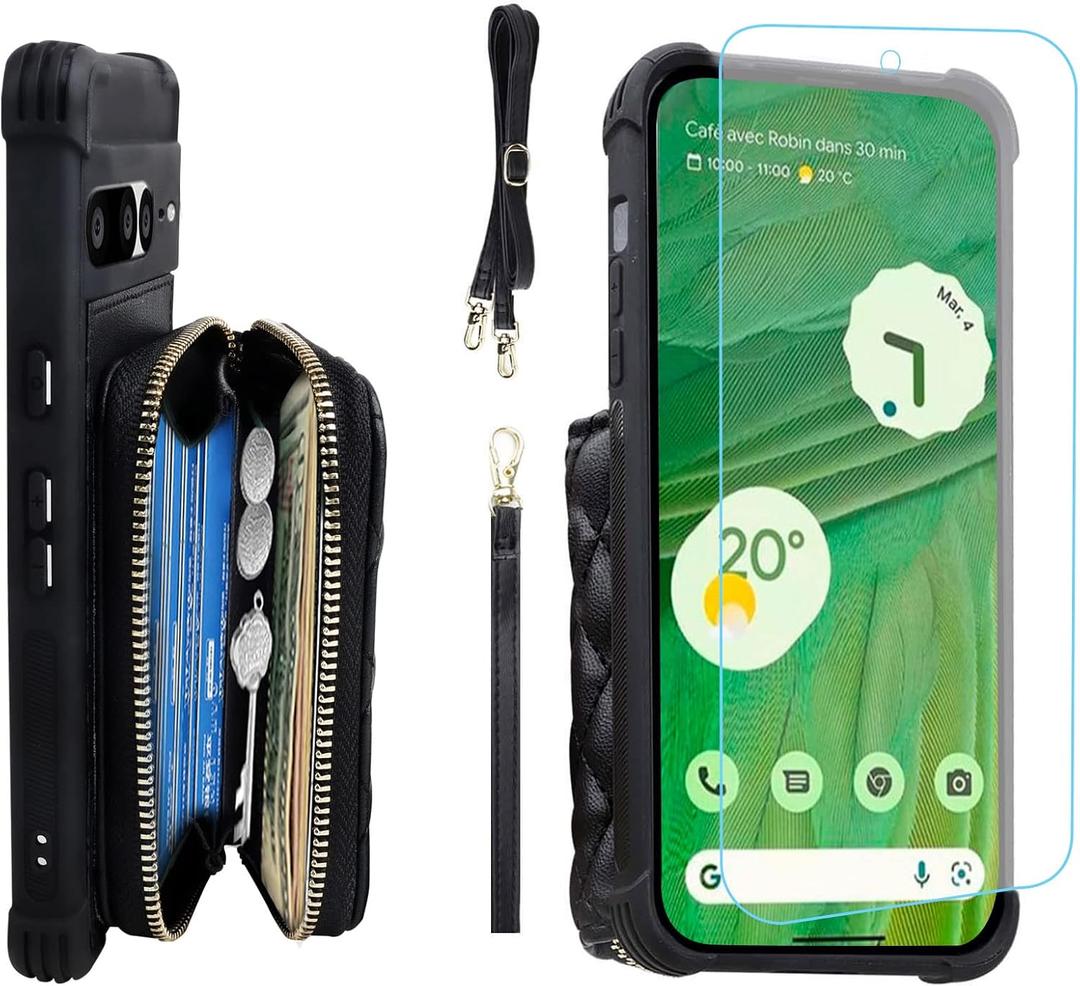 MONASAY Zipper Wallet Case Fit for Google Pixel 7 Pro[Glass Screen Protector][RFID Blocking] Flip Leather Handbag Phone Cover with Card Holder and Detachable Crossbody Shoulder Lanyard Strap, Black