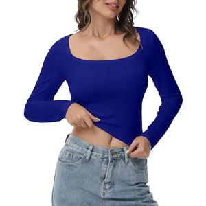 GGOV Women's Long Sleeve Crop top, Ribbed & Slim Fitted Cotton Shirts, Square Crewneck Tee Basics for Daily & Casual Wear Large