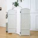 Furnnylane 3 Panel Rattan Divider Short Room Partition Screen,Double Sided Folding Divider for Room Separation,White,47.2" H x 47.2" W