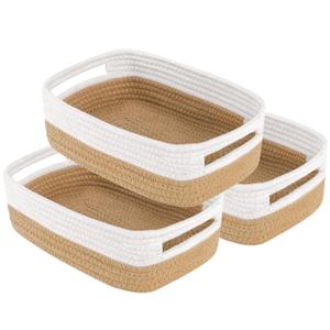 Small Basket with Gift Bags and RibbonsSmall Woven Basket Cute Oval Cotton Rope Gifts with Handle Empty Baby Wicker Storage Basket for Baby Showers Pet Toy Bin (White brown, 3 Pack (12"x 8"x 5"))