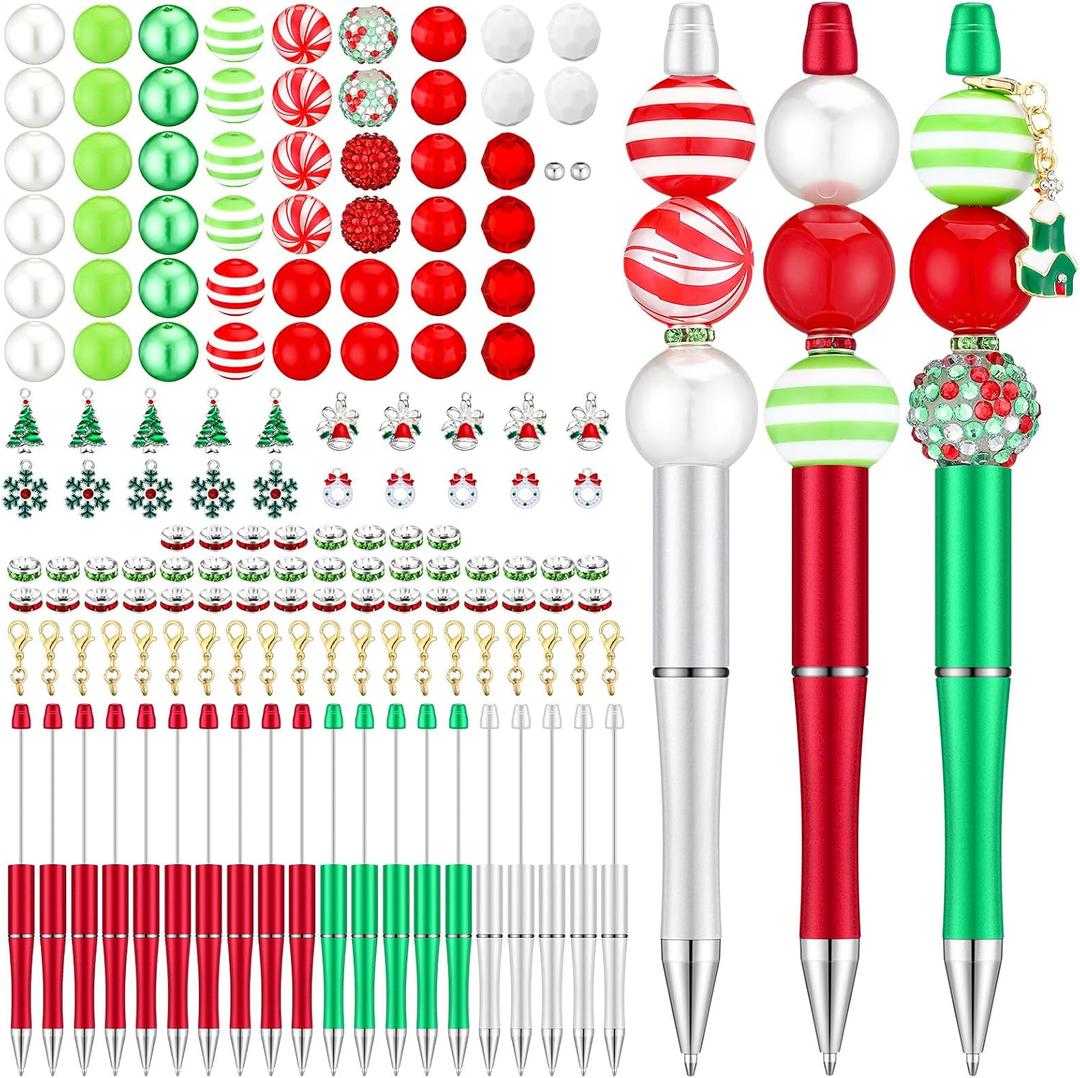Gueevin 150 Pcs Christmas Beadable Pen 20 Sets DIY Christmas Pens Bulk with Focal Silicone Beads Making Kit Gift Acrylic Beaded Ballpoint Diamond Spacer Charms for School Kids Office Classroom Supply