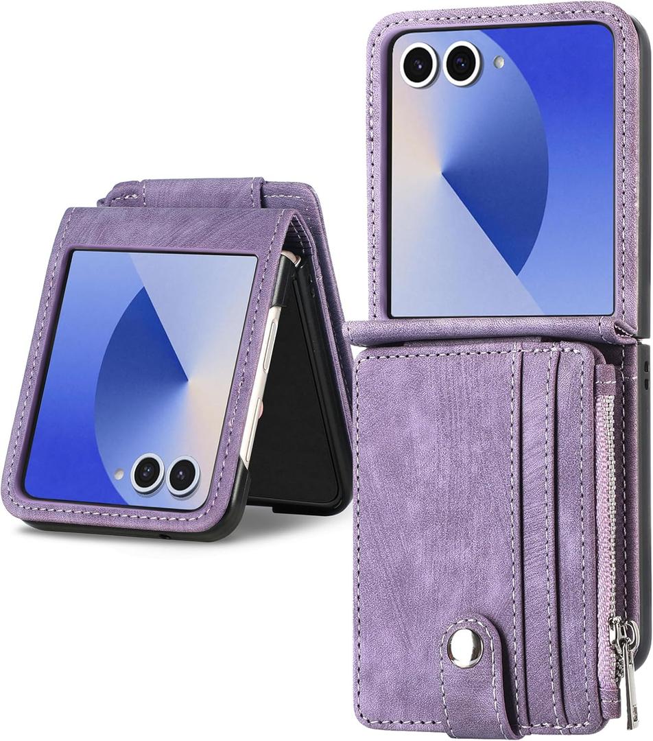 Cases for Galaxy Z Flip 7 Wallet Case with Card Holder Retro 2 in 1 Detachable Zipper Flip Wallet Kickstand Premium PU Leather Protective Phone Cover for Samsung Galaxy Z Flip 7 2025 Purple