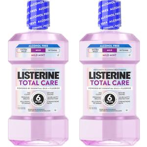 Listerine Total Care Alcohol-Free Mild Mouthwash, 6 Benefit Oral Rinse to Help Kill 99.9% of Germs That Cause Bad Breath, Strengthen Enamel, Mild Mint Flavor, Twin Convenience Pack, 2 x 1 L