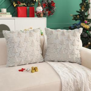LUOYEHK Christmas Tree Throw Pillow Covers 1818 Set of 2 Winter Beige Faux Fur Sequin Decorative Pillow Cases Merry Christmas Fluffy Cushion Covers for Couch Sofa Bed