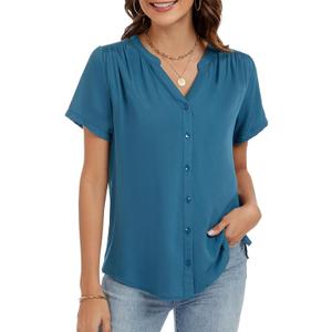 Womens Summer Short Sleeve V Neck Dressy Casual Button Business Work Blouse Tops (Small, Blue)