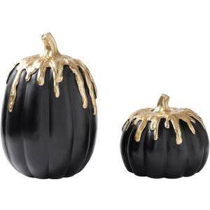 WDS WONDROUS Black and Gold Pumpkins Decoration Halloween and Fall Modern Decor, 2 PCS Artificial Resin Pumpkins Table Centerpiece for Autumn Thanksgiving Halloween Party Indoor Home Decor