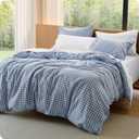 Bedsure Gingham Duvet Cover King, 100% Washed Cotton Duvet Cover LinenLike, PureWoven with Reversible YarnDyed Design & DoubleStitch Craft, 3-Piece with Zipper, Gingham Cornflower Blue, 104"x90"