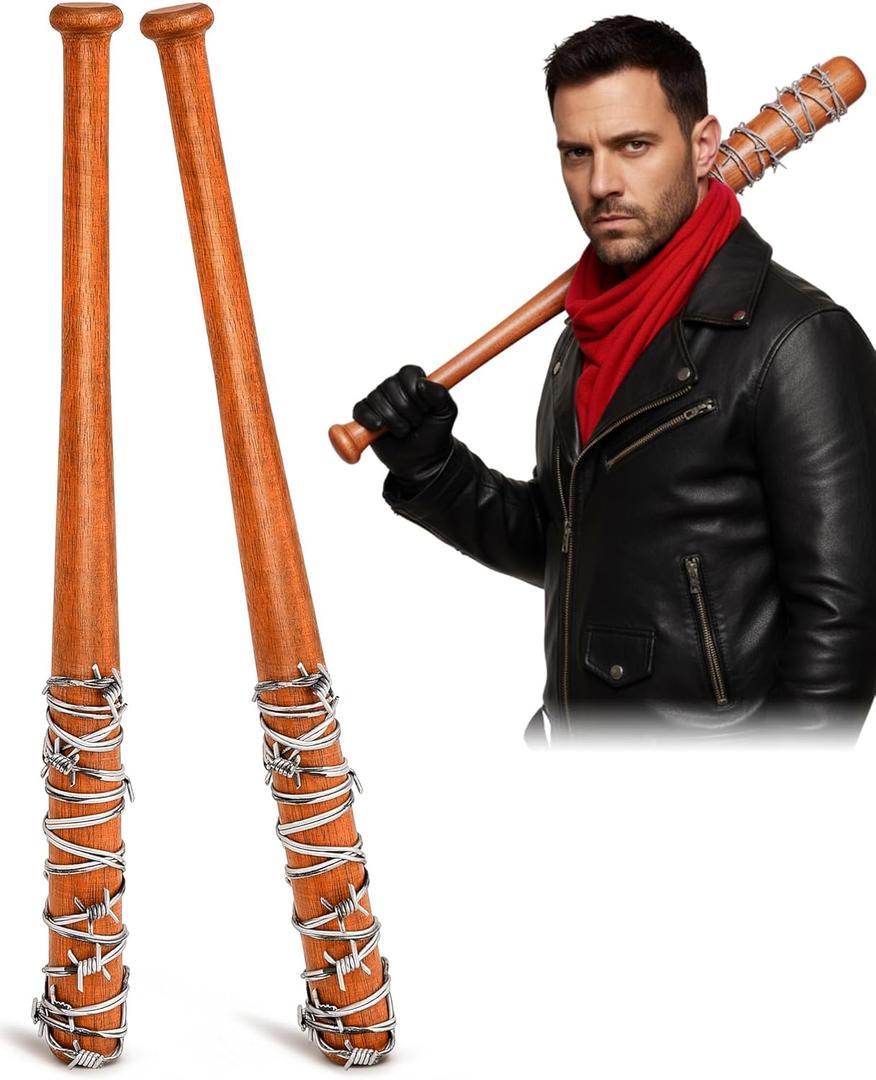 Liliful 2 Pcs Halloween Barbed Wire Baseball Wood Bat 27 Inch Barb Wire Baseball Bat Zombie Decoration Prop with Fake Barbed for Halloween Cosplay Party Decoration Costume Accessory