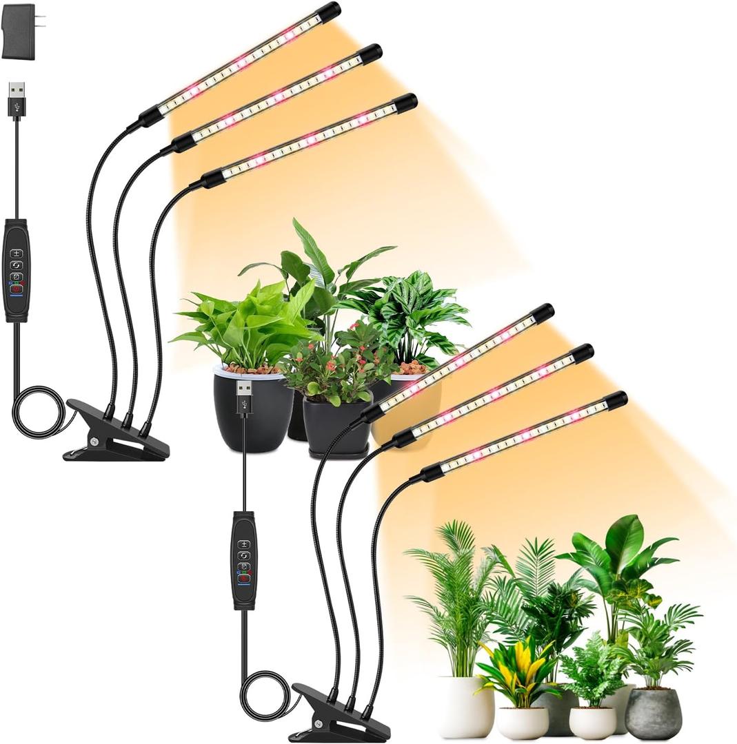 Full Spectrum LED Grow Light for Indoor Plants, 3Heads Grow Lights for Seed Starting, 10 Dimmable Levels & 3 Timer Modes (3/9/12H), Adjustable 360 Gooseneck with Clip, Plant Grow Light 2 Pack