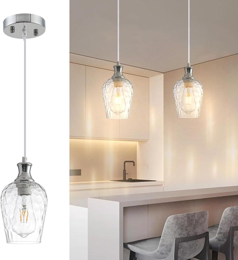 Glass Pendant Lights Kitchen Island, Farmhouse Brushed Nickel Pendant Light with Clear Hand-Blown Glass Shade, Modern Hammered Glass Hanging Light Fixture for Dining Room Bedroom Hallway
