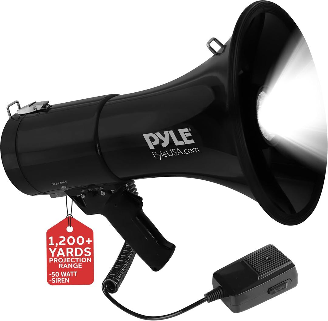 Pyle 50W Portable Megaphone Bullhorn Speaker with Microphone, 1200 Yard Range for Indoor/Outdoor Use, Alarm Siren & Adjustable Volume for Cheerleading Fans, Coaches or Safety Drills