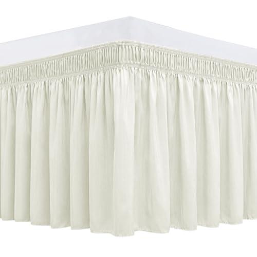 Biscaynebay Wrap Around Bed Skirts for Queen Beds 19" Long Drop, Ivory Adjustable Elastic Dust Ruffles Easy Fit Wrinkle & Fade Resistant Silky Luxurious Fabric Solid Machine Washable