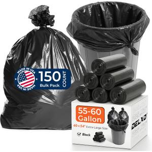 5 x Delxo 55-60 Gallon Trash Bags, 150 Count, 40×54'' Large Black Garbage Bags – Light-to-Medium Duty Star-Seal Can Liners for Commercial, Lawn and Leaf Bags – Bulk Value Pack, Made in USA