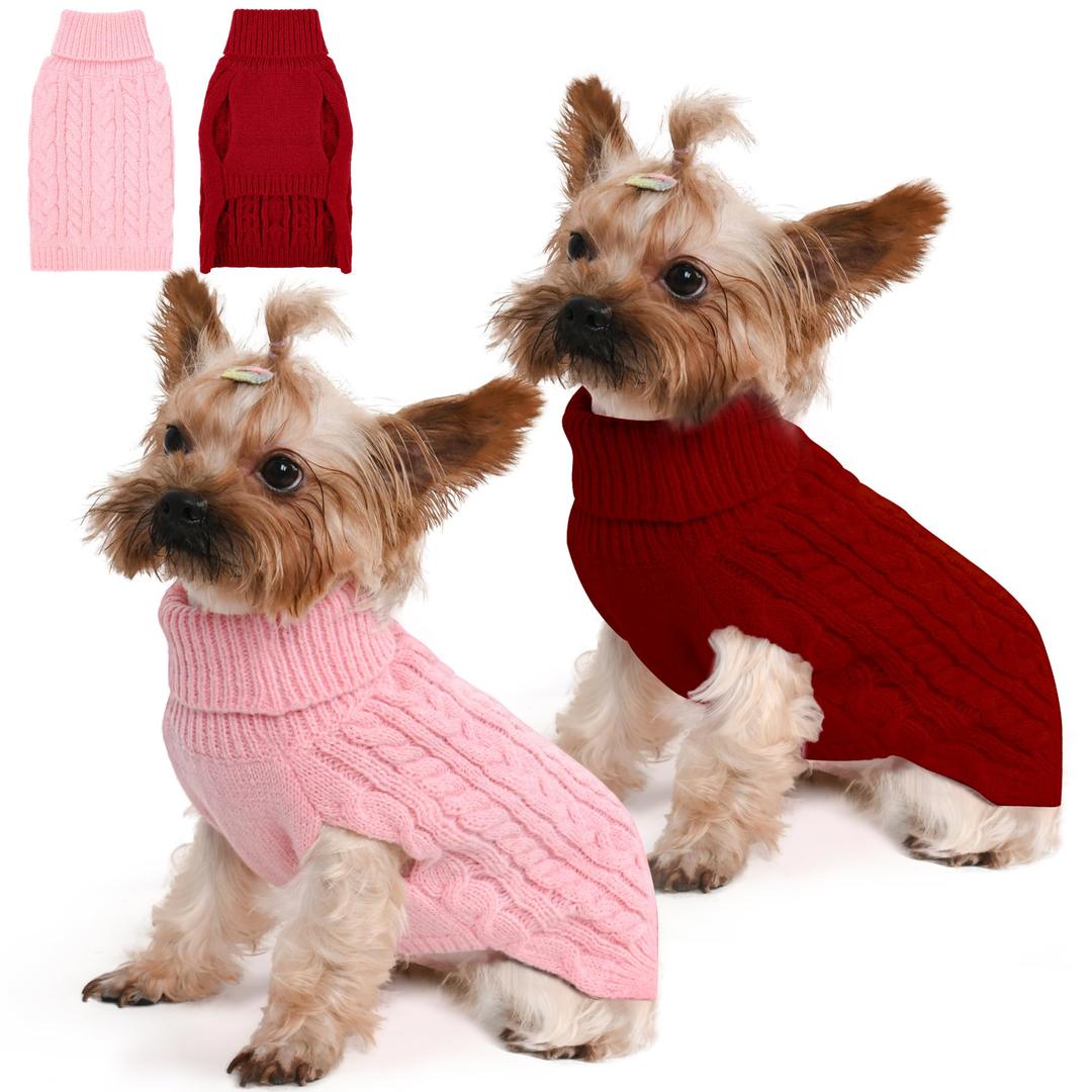 2 Pack Dog Sweaters for Small Dogs Winter Turtleneck Pullover Cable Knit Fleece Stretch Puppy Doggie Chihuahua Toy Poodle Yorkie Pomeranian Boy Girl Pet Clothes (S, Pink & Red)