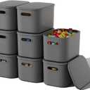 8 Pack Dark Grey Storage Bins with Lids Stackable Storage Container for Organizing, Storage Boxes with Handle for Shelves, Cute Organizer Bins for Craft, Snacks, 9.85x6.9x5.7 inch