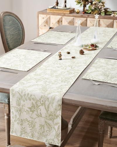 jinchan Spring Table Runner Linen Farmhouse Table Cloth Green Floral Decorative 72 Inch Botanic Printed Burlap Handcrafted Flax Coffee Table Decor 1 Panel Sage Green on Beige