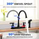 HURRAN 2-Handle Kitchen Faucet with Pull-Out Side Sprayer, 8 Inch High Arch Stainless Steel 360Rotating Kitchen Sink Faucet, 4 Hole Faucet for Kitchen Bar Rv Camper, Black