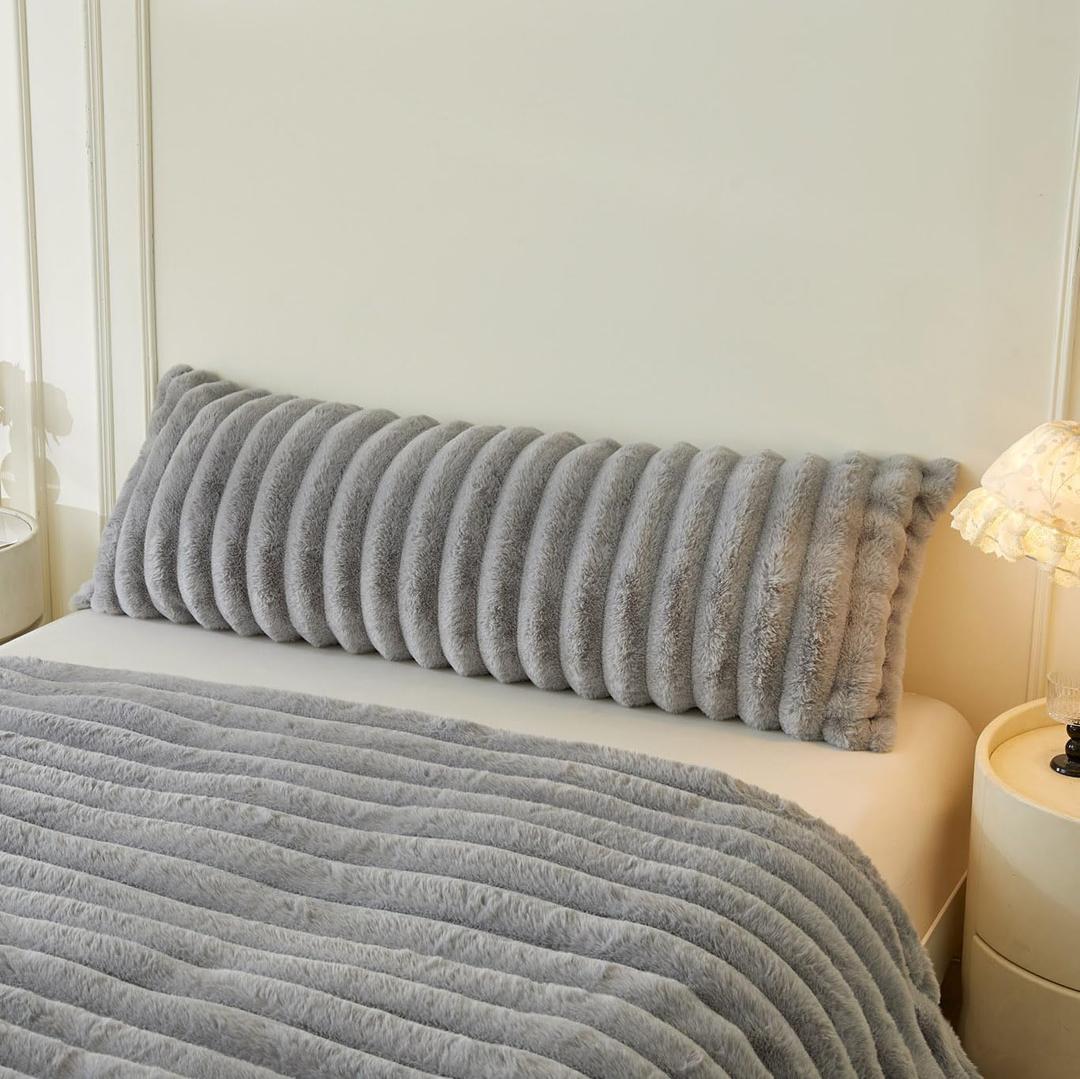 MEGO Fluffy Faux Rabbit Fur Body Pillow Cover, Cozy Plush Fuzzy Wide Striped 20x54 Body Pillowcase with Zipper, Home Decorative Shaggy Furry Ribbed Bedroom Long Pillow Cover Bed Couch Sofa, Light Grey