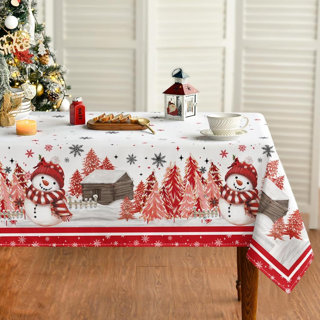 Horaldaily Christmas Tablecloth 60120 Inch Rectangular, Red Snowman Pine Snow Washable Table Cover for Party Picnic Dinner Decor