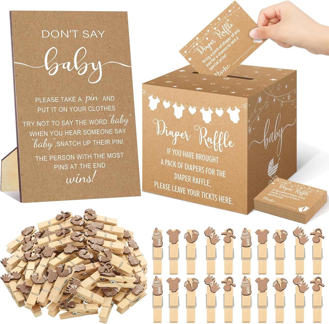 Cinnvoice 102 Pcs Diaper Raffle Tickets with Raffle Box Baby Shower Party Decorations Don't Say Baby Sign Clothespin for Gender Reveal Party Invitation Insert Card Theme Game(Brown,Kraft)