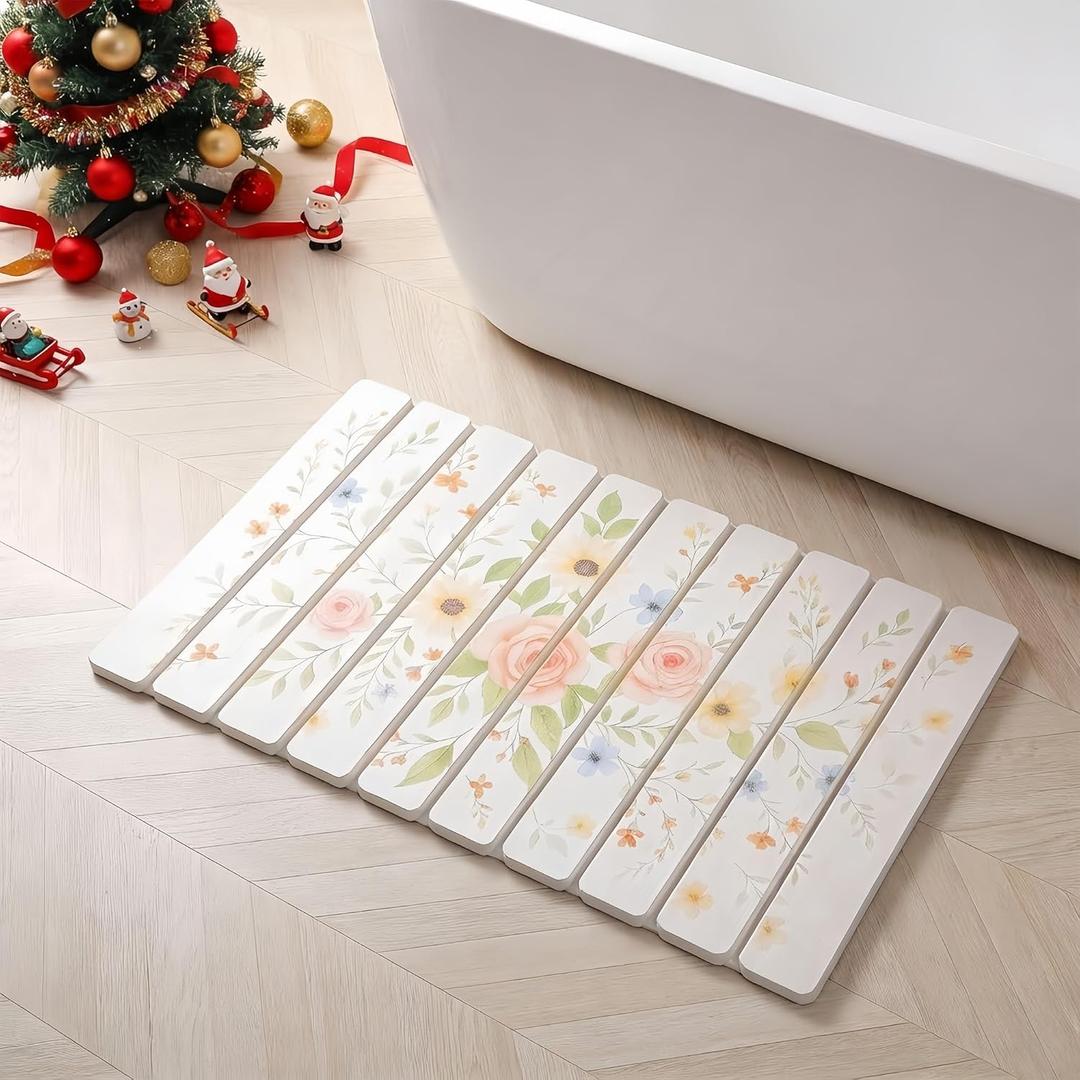 Foldable Stone Bath Mat,Super Absorbent Diatomaceous Earth Shower Mats, 24" x 16" Non-Slip Quick Drying Mats for Bathroom Floor, Easy to Store Bathroom Rugs, Easy to Clean, Elegant & Modern Design (Pink Flowers)